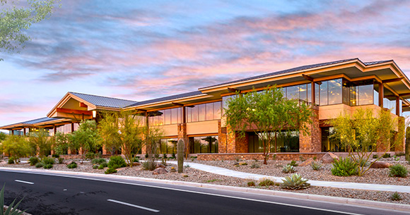 two story office building at dusk