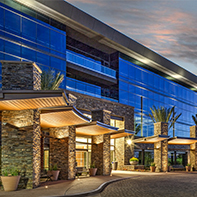 office building entry at dusk