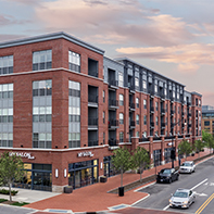 exterior brick building at dusk