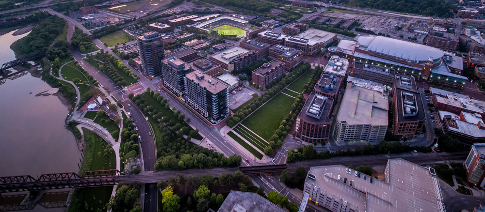 Drone view overlooking 3 condo buildings North bank and Parks Edge East and West and Scioto River